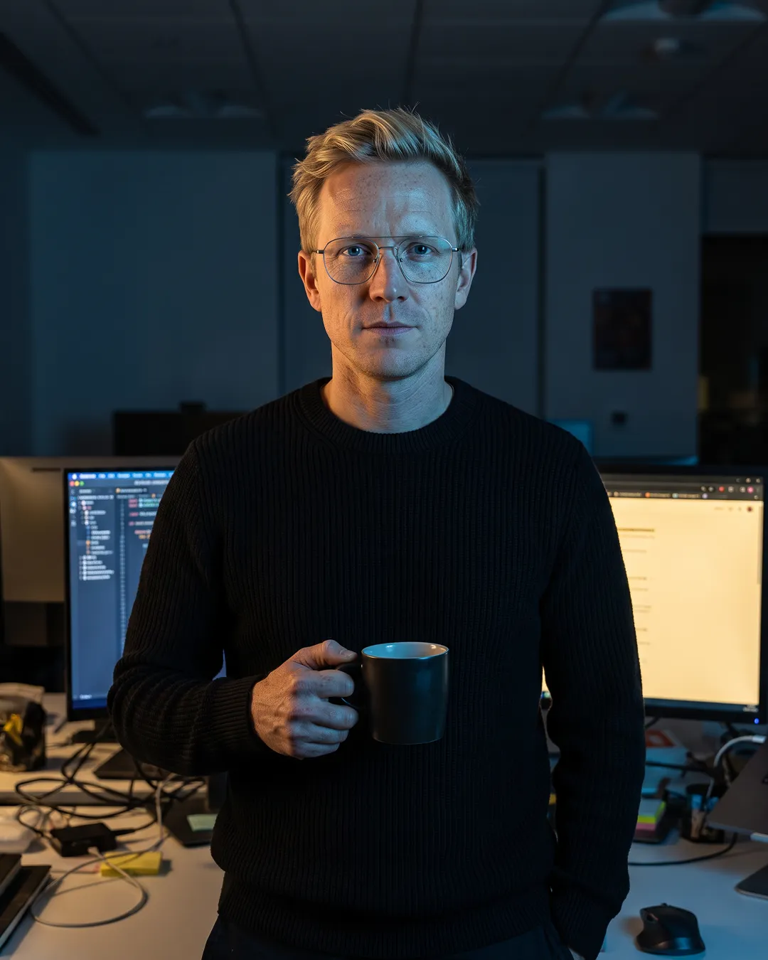 Consultant with coffee in front of screens running code