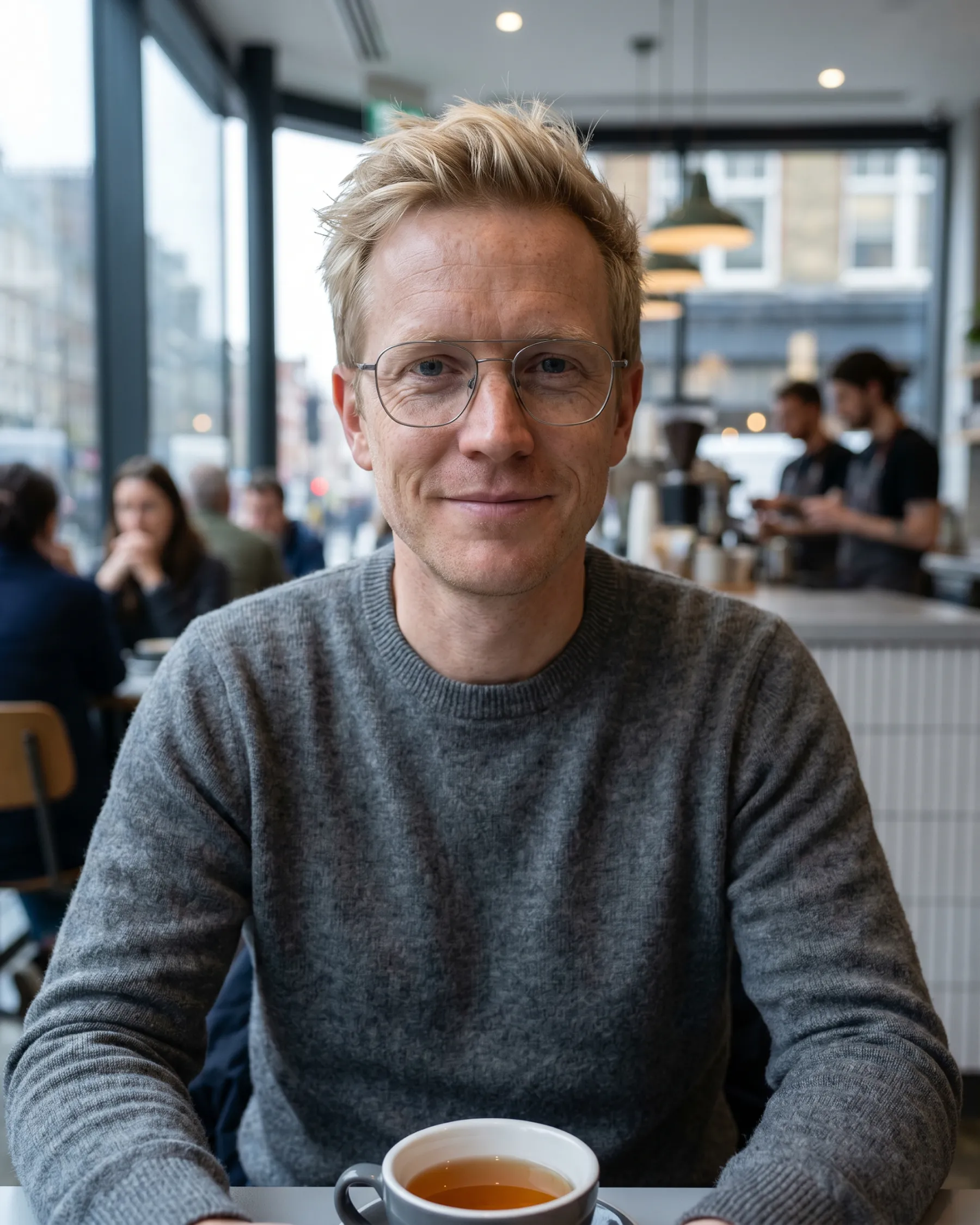 Smiling consultant in a busy café, representing online learning