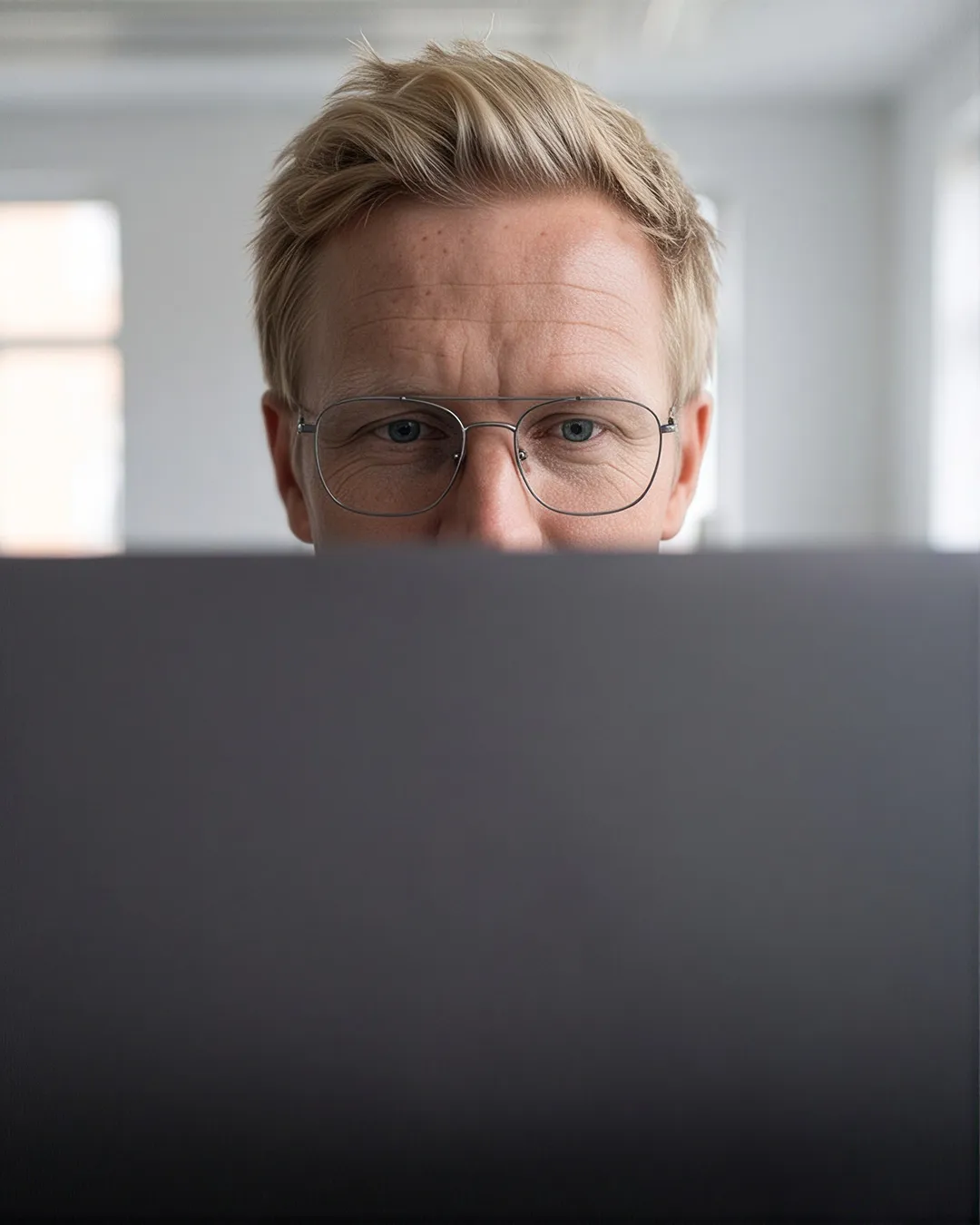 Consultant looking over the top of his laptop