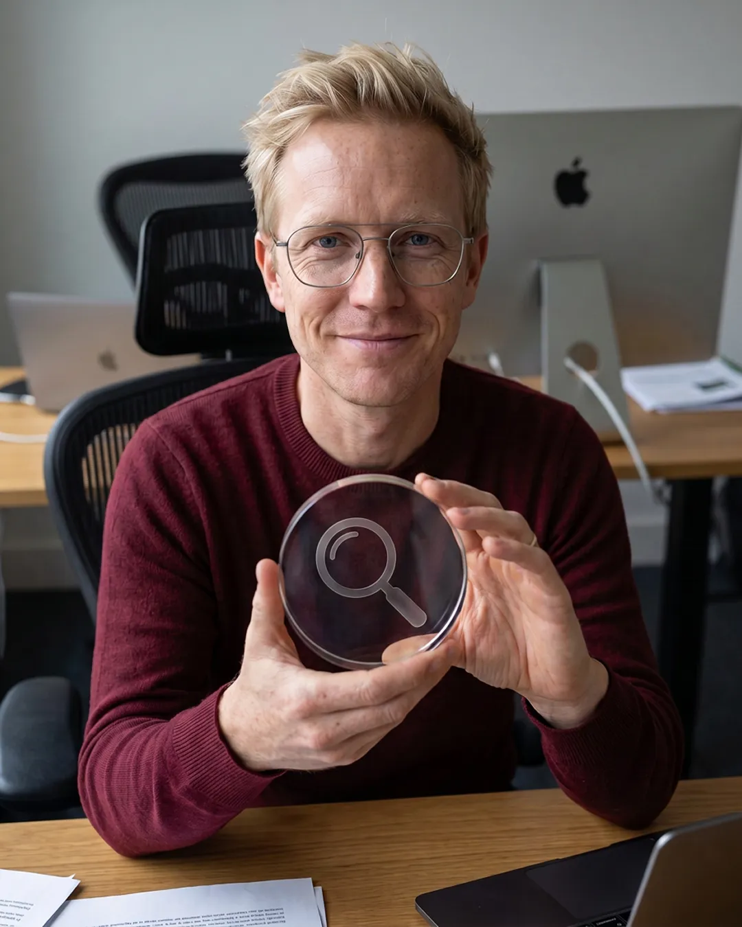 Consultant holding a glass magnifier, representing search visibility