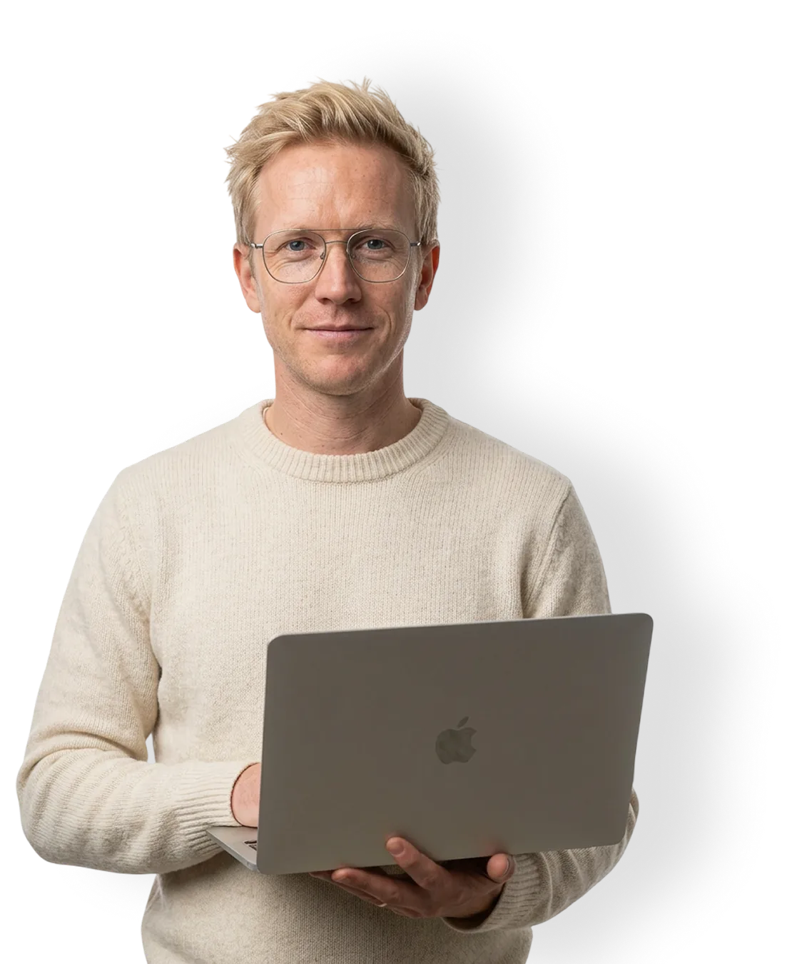 Consultant with a laptop, representing AG360 websites and portals